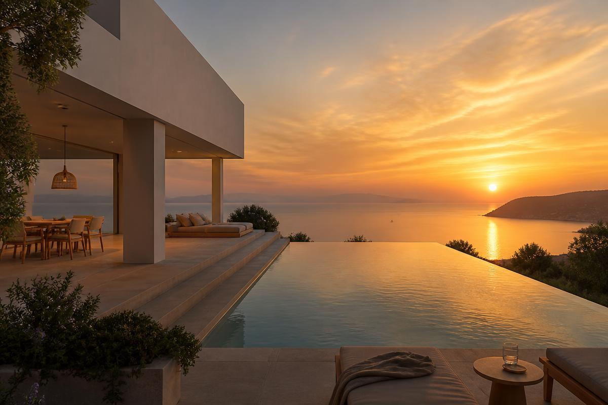 Luxury clifftop villa with infinity pool overlooking the Ionian sea at dusk